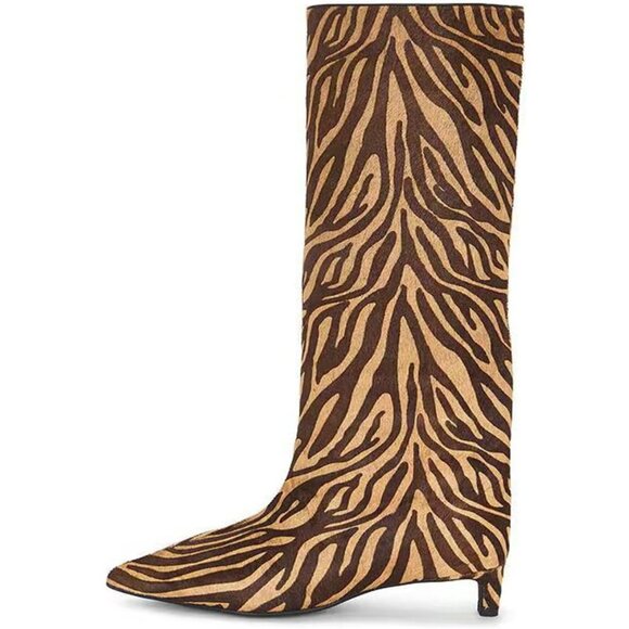 ⚡Women's Zebra Pattern Knee High Boots Pointed Toe Kitten Heel Casual Long Boots - Picture 7 of 7